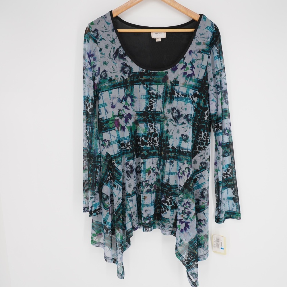 ECI Mesh Boho Tunic Top Womens XL Abstract Floral Asymmetrical Stretch Pullover